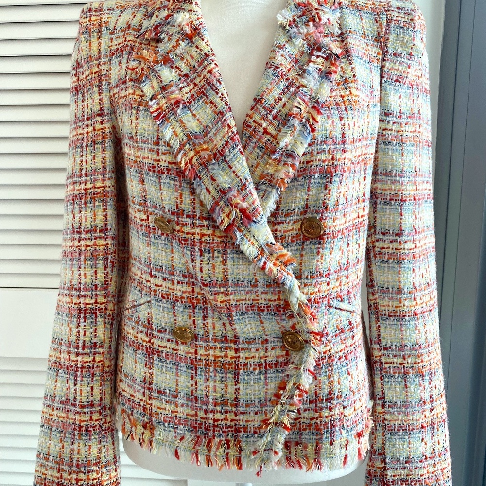 River Island US size 4 (UK size 8) LIGHT PINK CHECK PRINT BOUCLE JACKET